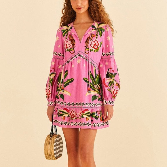 FARM Rio Pink Leopard Forest Mini Dress Linen Blend Beaded Tassels Flowy Size S - Picture 1 of 16